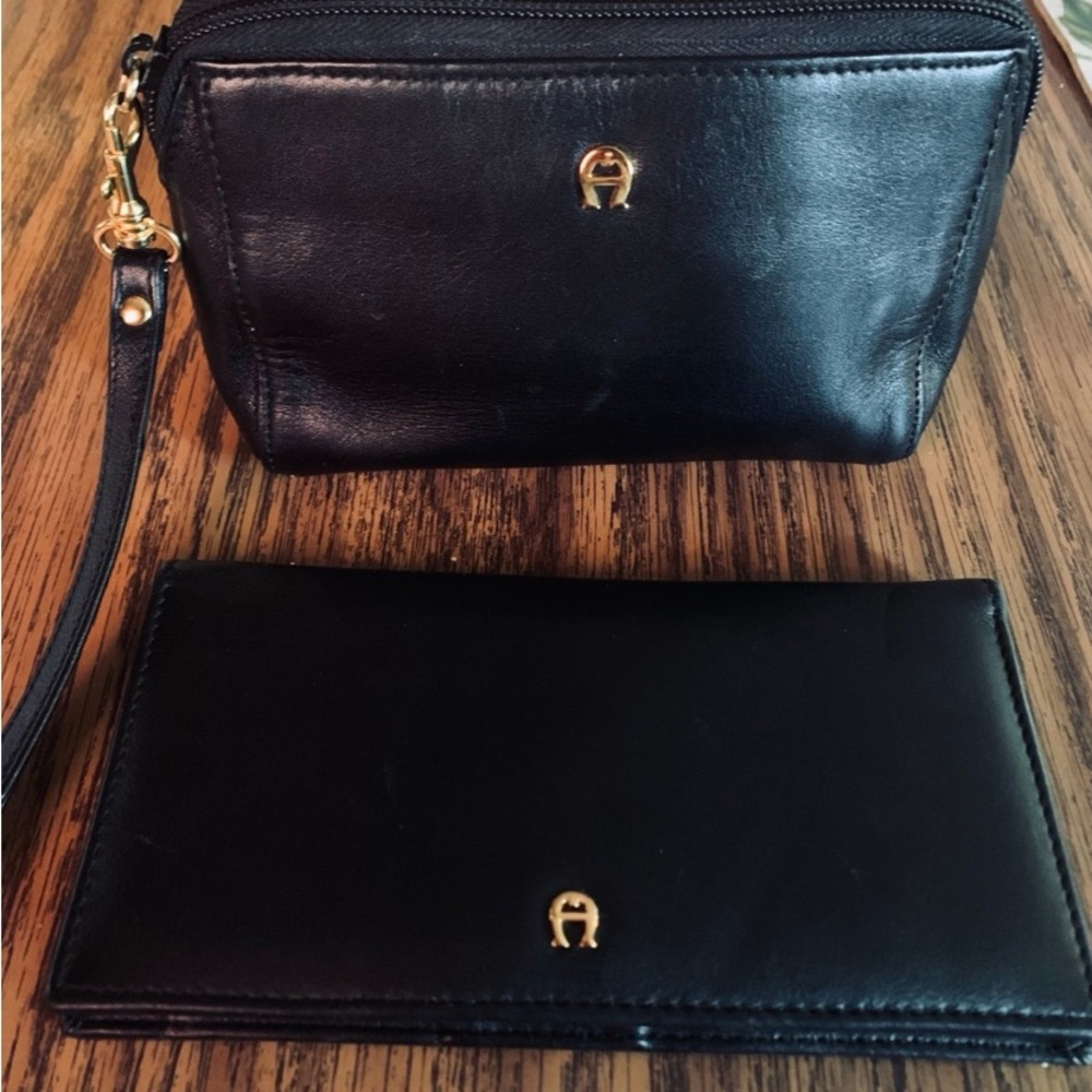 Etienne Aigner 1990’s Black Leather Checkbook Wallet & Wristlet Set